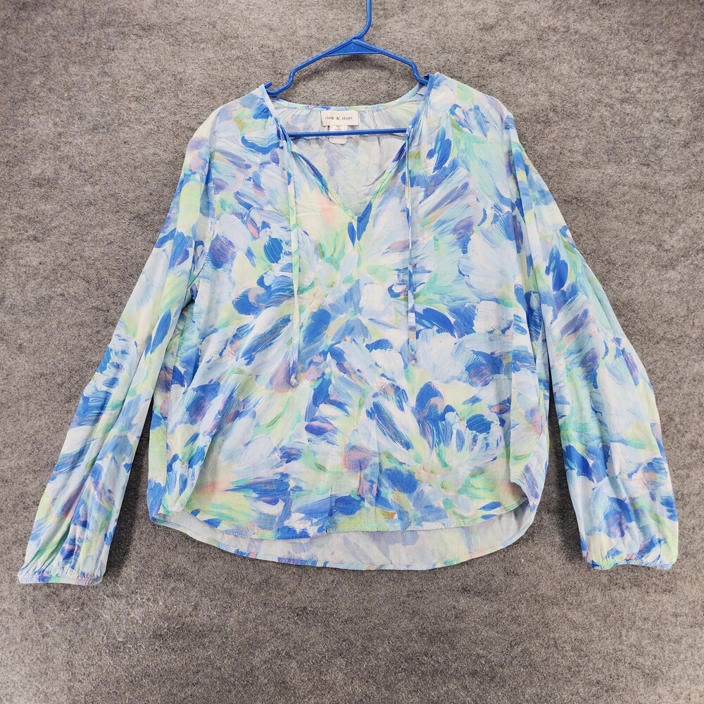 Cloth Stone Shirt Womens XL Long Sleeve V Neck Blue Floral Flowy Watercolor